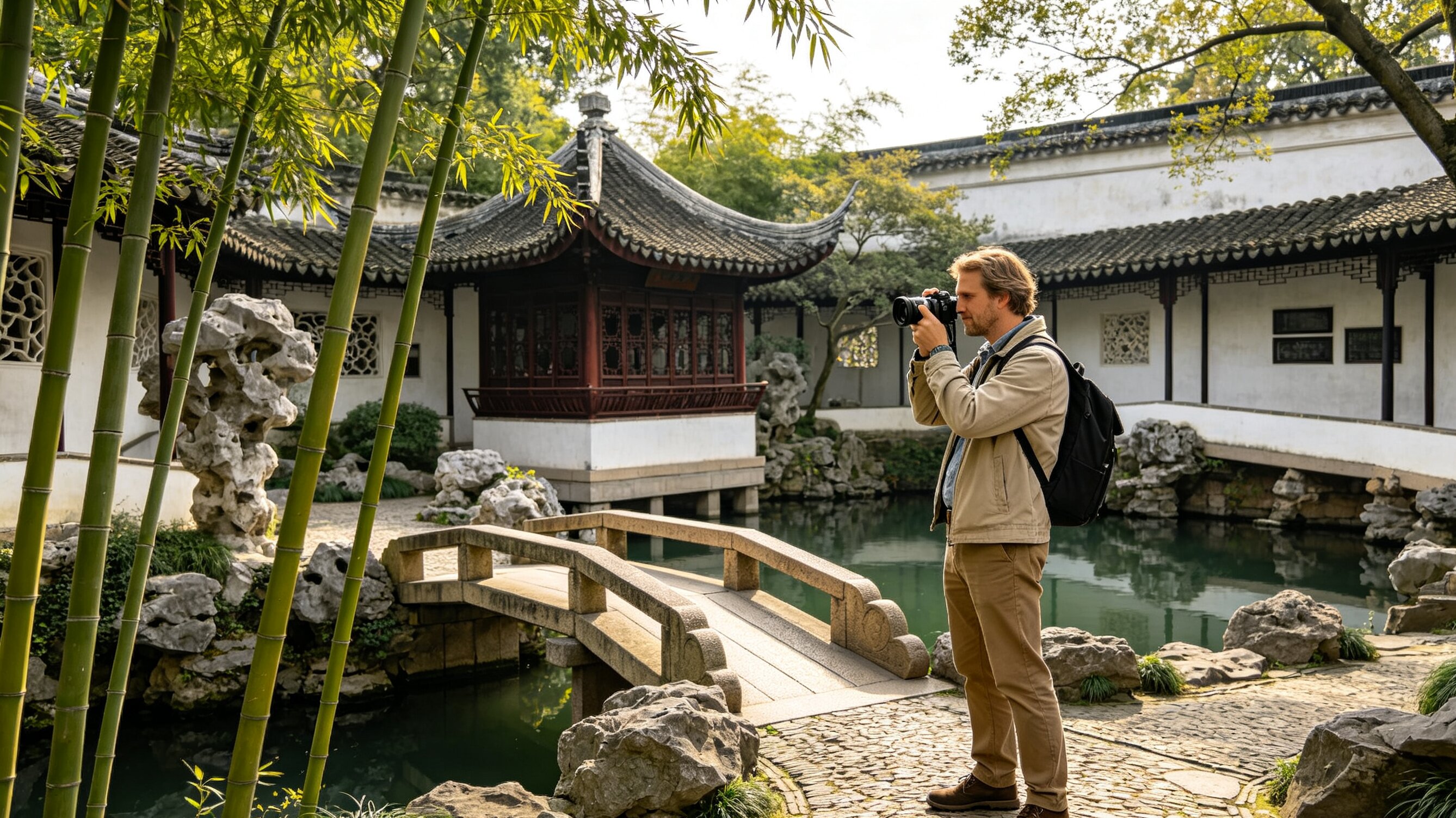 Scenic landscape of China with ancient mountains, winding river, and traditional architecture